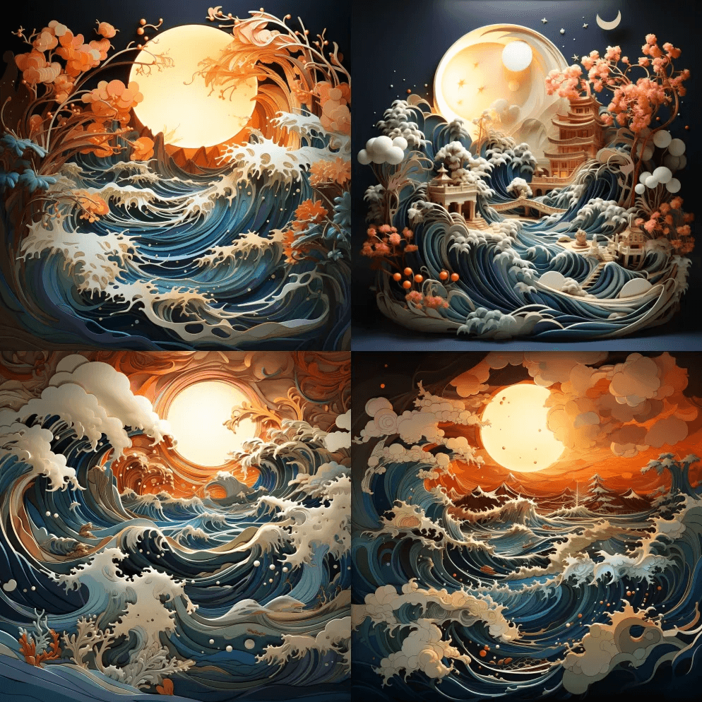 一幅纸笔画，展示了巨大的海浪在夜间海岸线