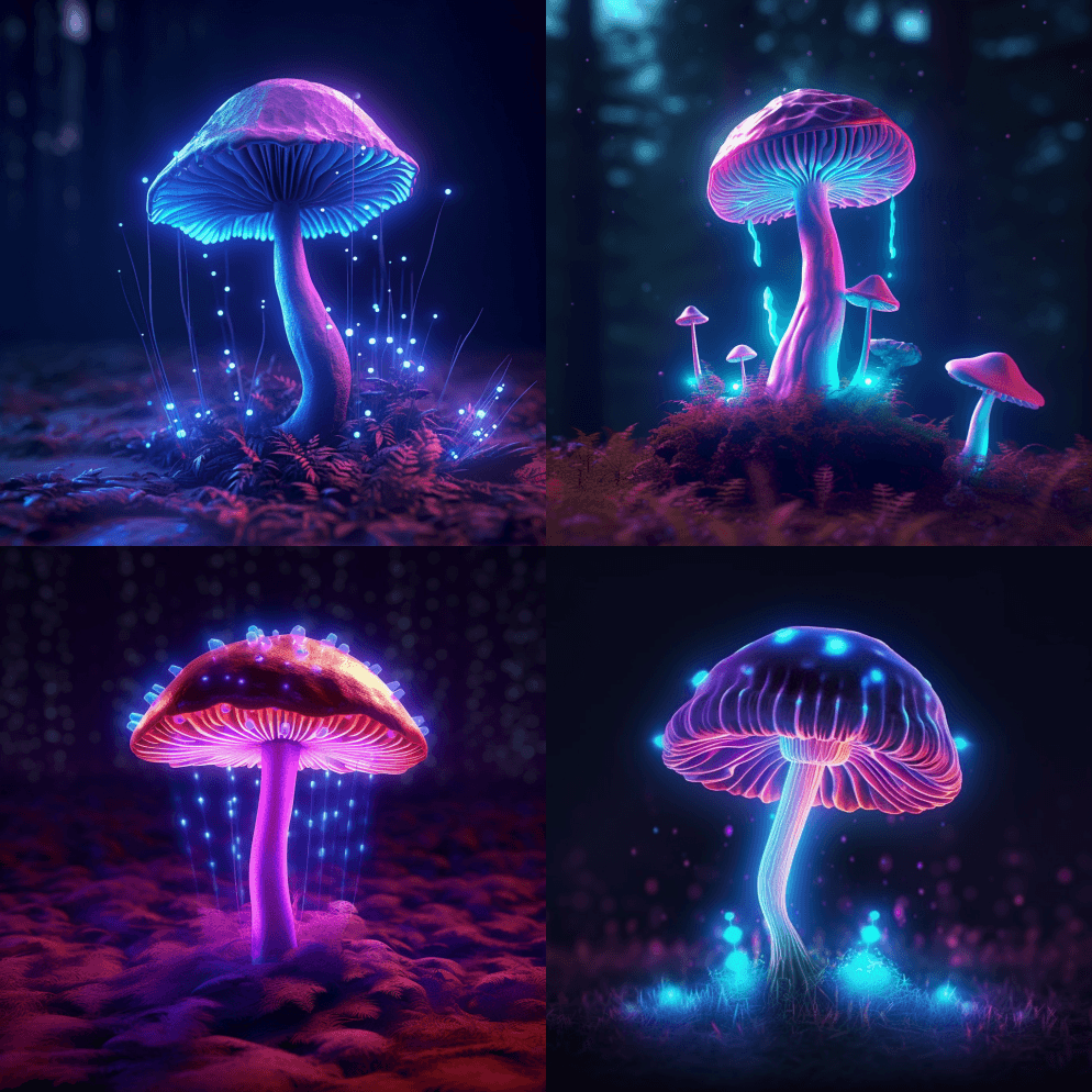霓虹灯发光的软皮蘑菇带有发光的森林背景，