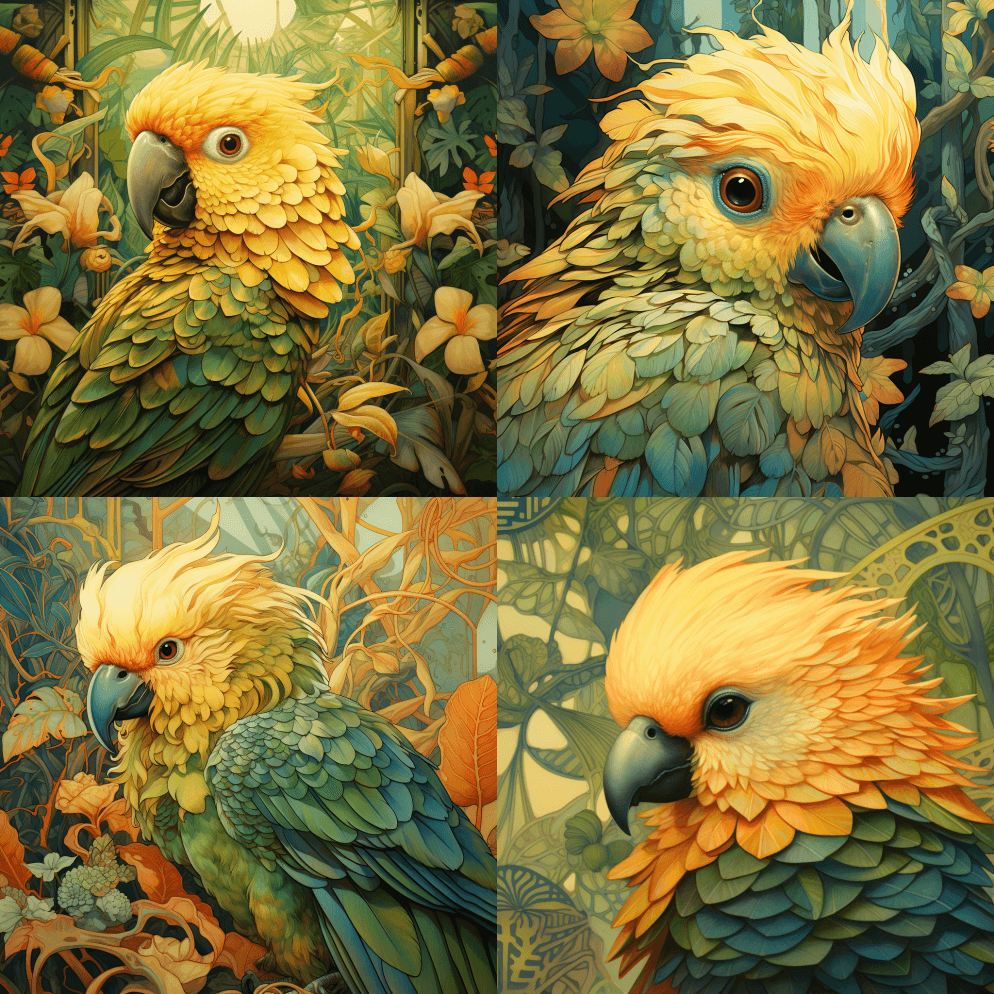 特写：美丽的黄色鹦鹉肖像，丛林背景，概念