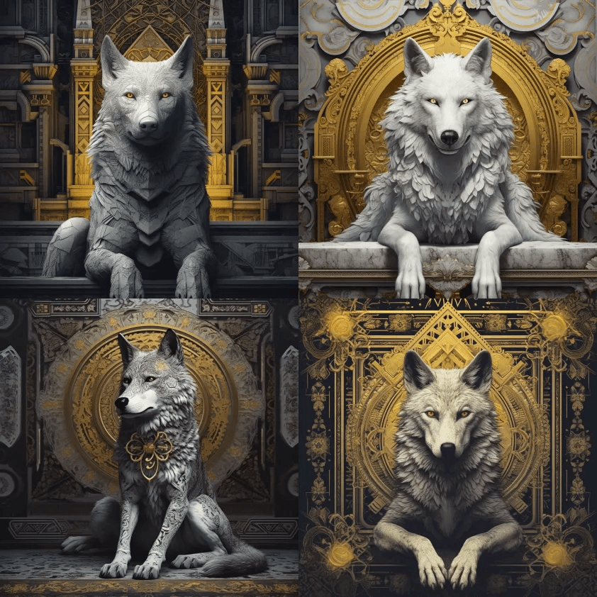一只狼坐在装饰设计上，风格是超现实主义科
