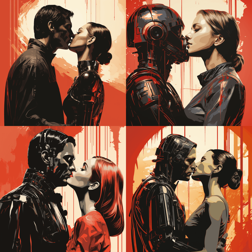未来女孩和机器人接吻，半色调印花，红色和