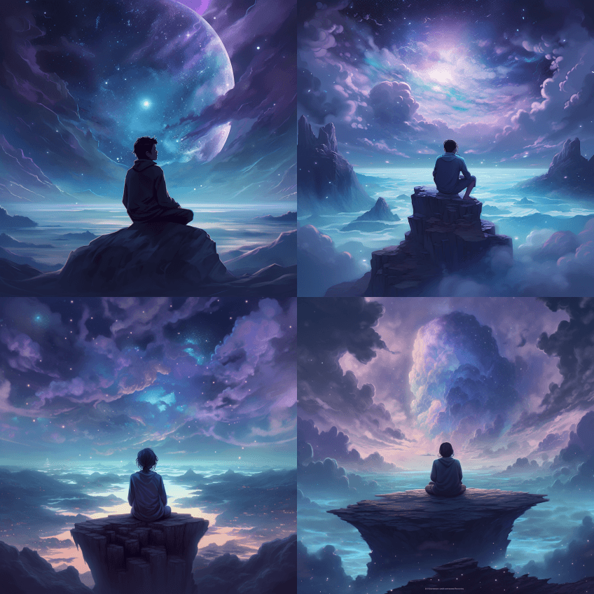 一个人坐在星空环绕的冥想中，在银河系附近