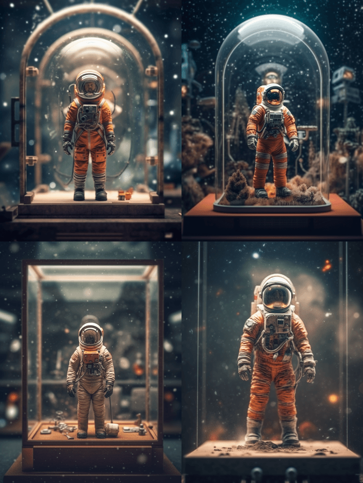 一个宇航员站在展示柜里，以宇宙虚构的风格