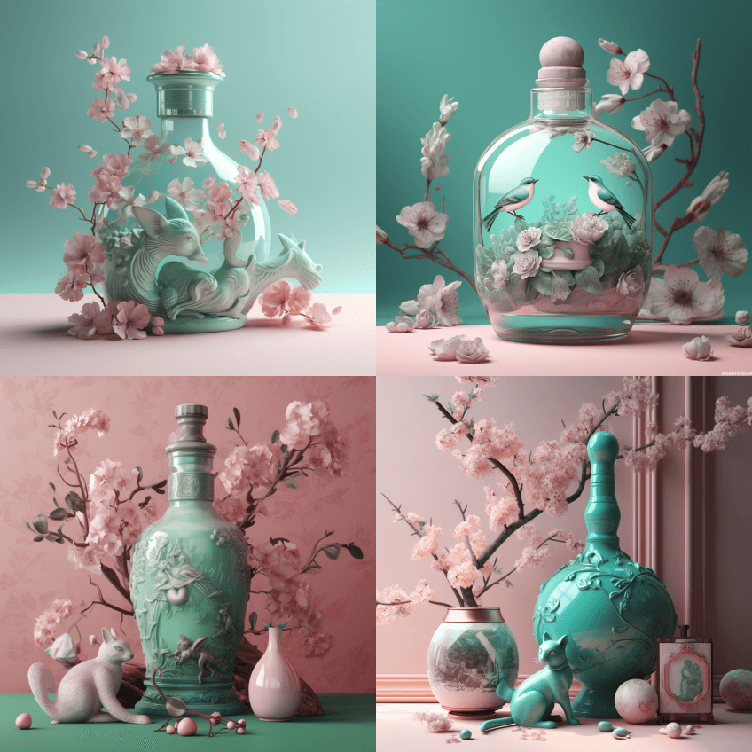 3D瓶樱花插图，浅粉色和浅翡翠风格，超逼