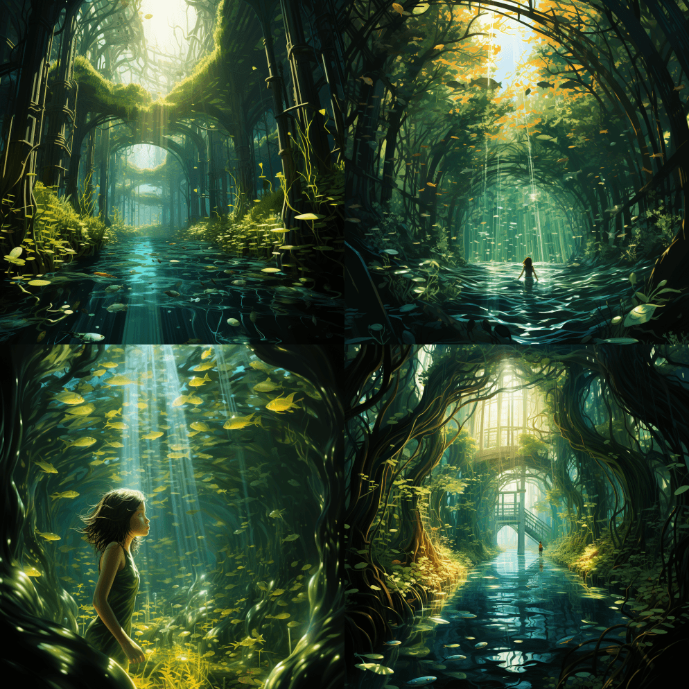 一幅令人着迷的少女在绿色的海藻森林中游泳