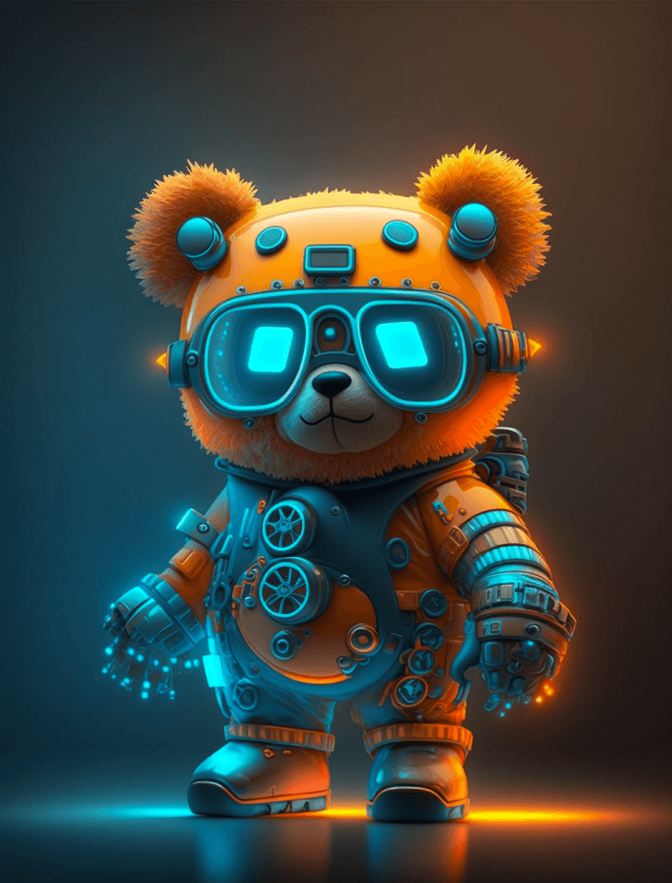 可爱的小熊穿着机器人西装配上霓虹灯眼镜和