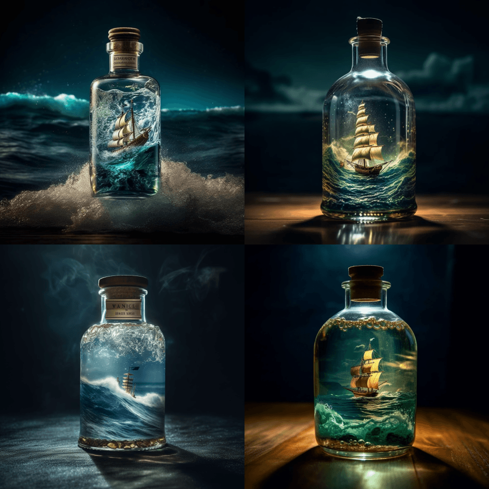 广角分体式摄影，海洋上一艘装在瓶子里的船