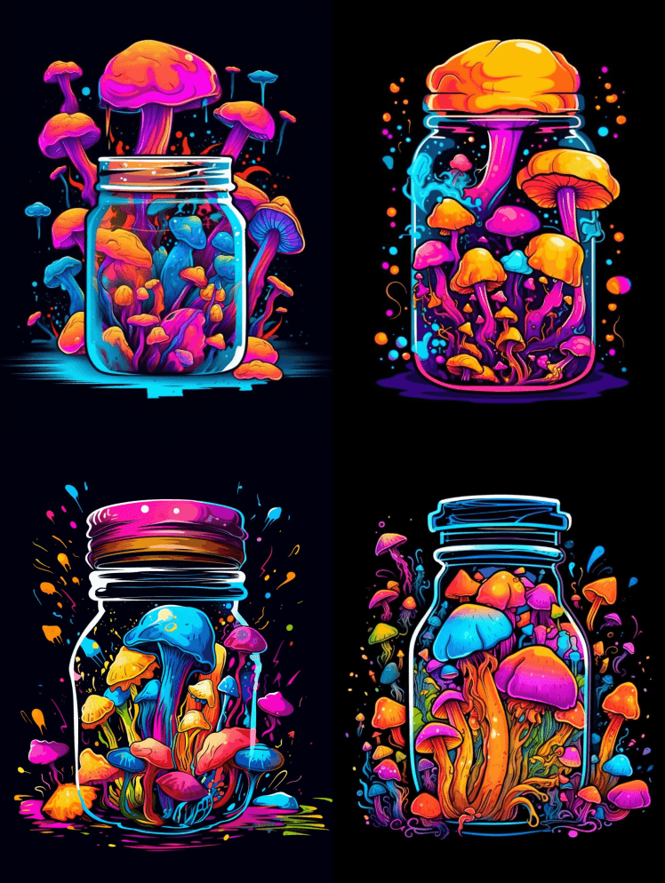 迷幻蘑菇罐子的涂鸦图形标志，油漆飞溅的背
