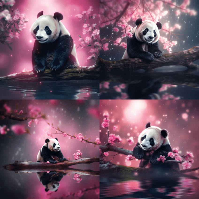 一只可爱的熊猫在树枝上开满了粉红色的花，