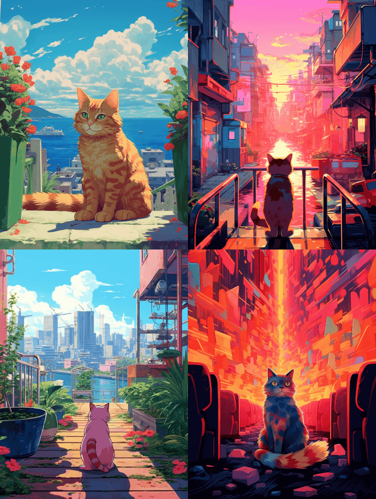 猫，迈阿密氛围，鲜艳的颜色，Ghibli