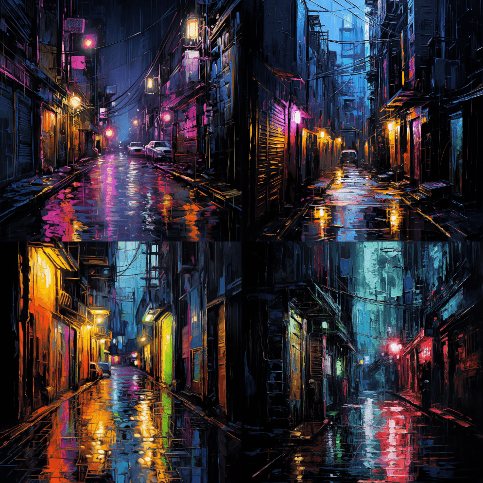 一条下雨的霓虹灯赛博朋克小巷，粗犷的质感