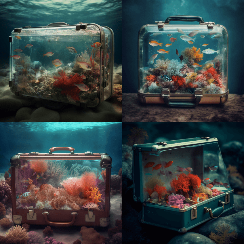用透明的行李箱包装海洋，鱼，珊瑚，丰富的