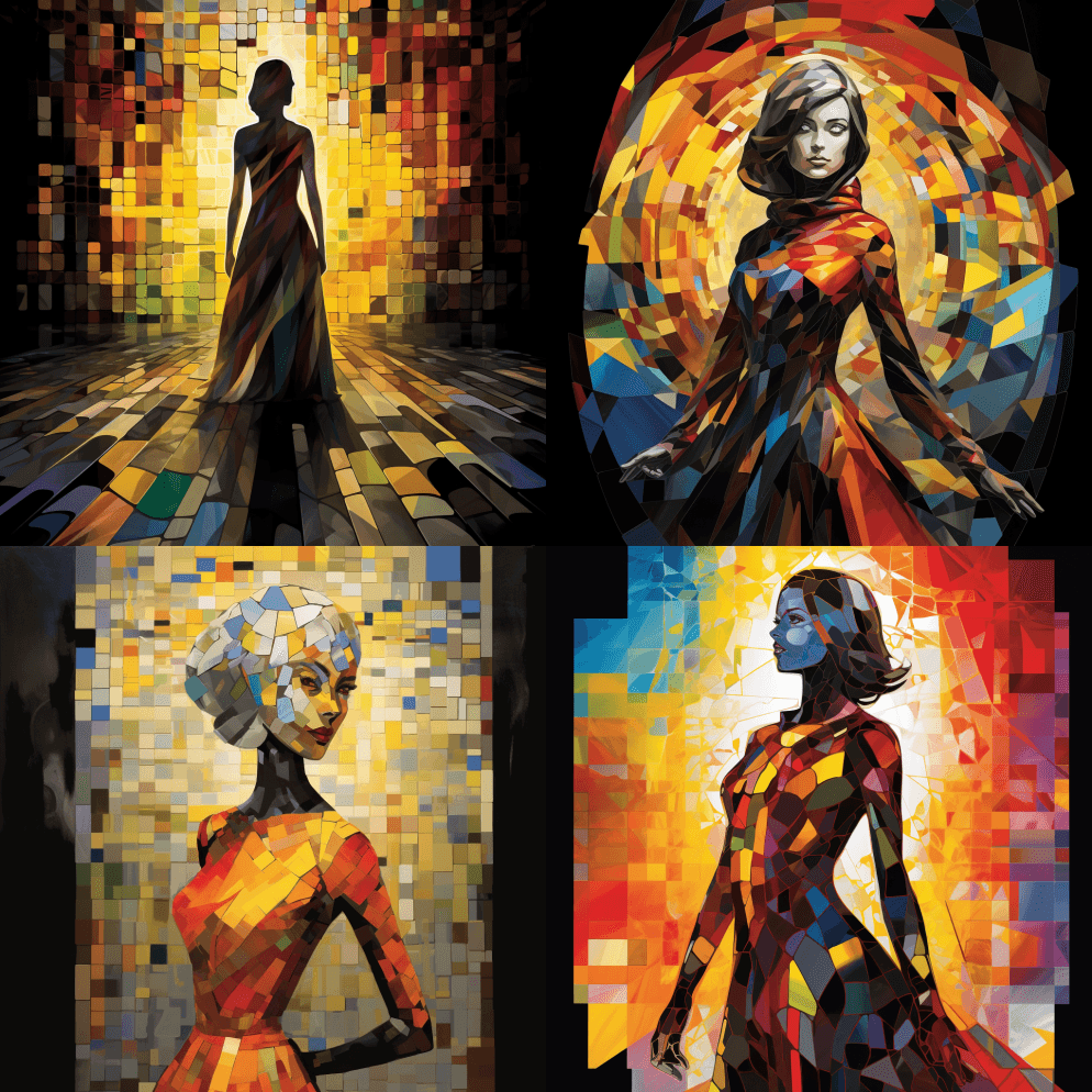 一幅正方形的女人画像，采用彩色玻璃效果，