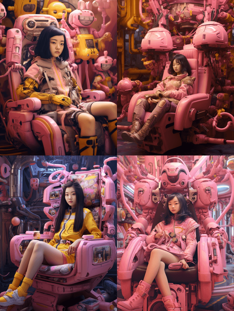 中国女孩坐在粉色的机器人椅子上，带着玩具