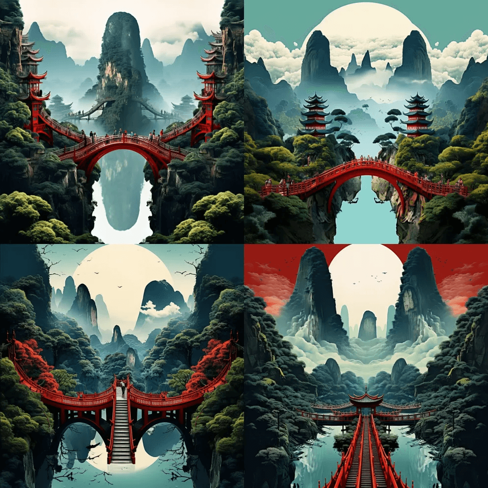一座山上的红桥，风格错综复杂，拼贴效果，
