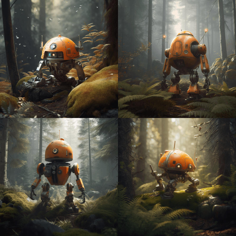 一个橙色的机器人站在森林中央，以一丝不苟