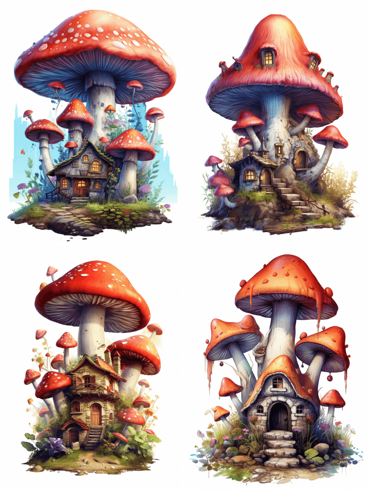 逼真的五颜六色的蘑菇房，逼真的，五颜六色