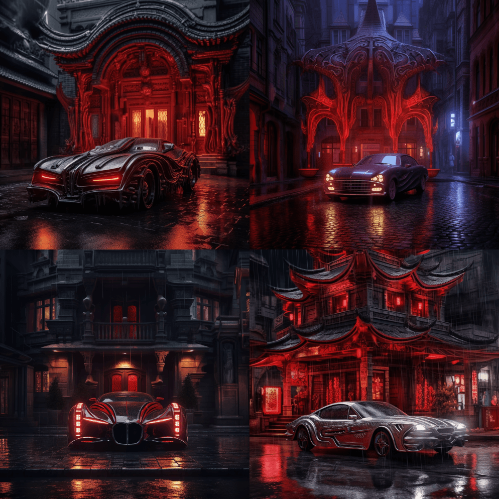 红色汽车H.R.吉格尔风格夜间坐在古镇前