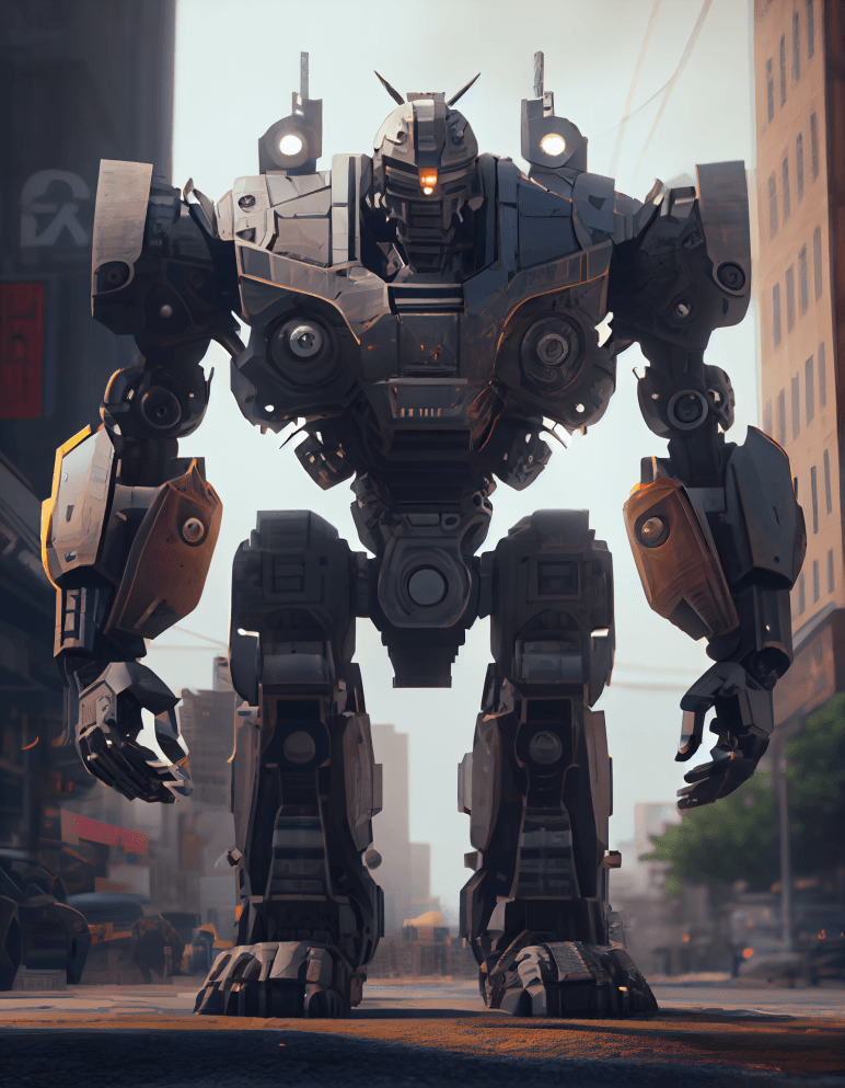 城市中的超逼真巨型机器人，令人惊叹，逼真