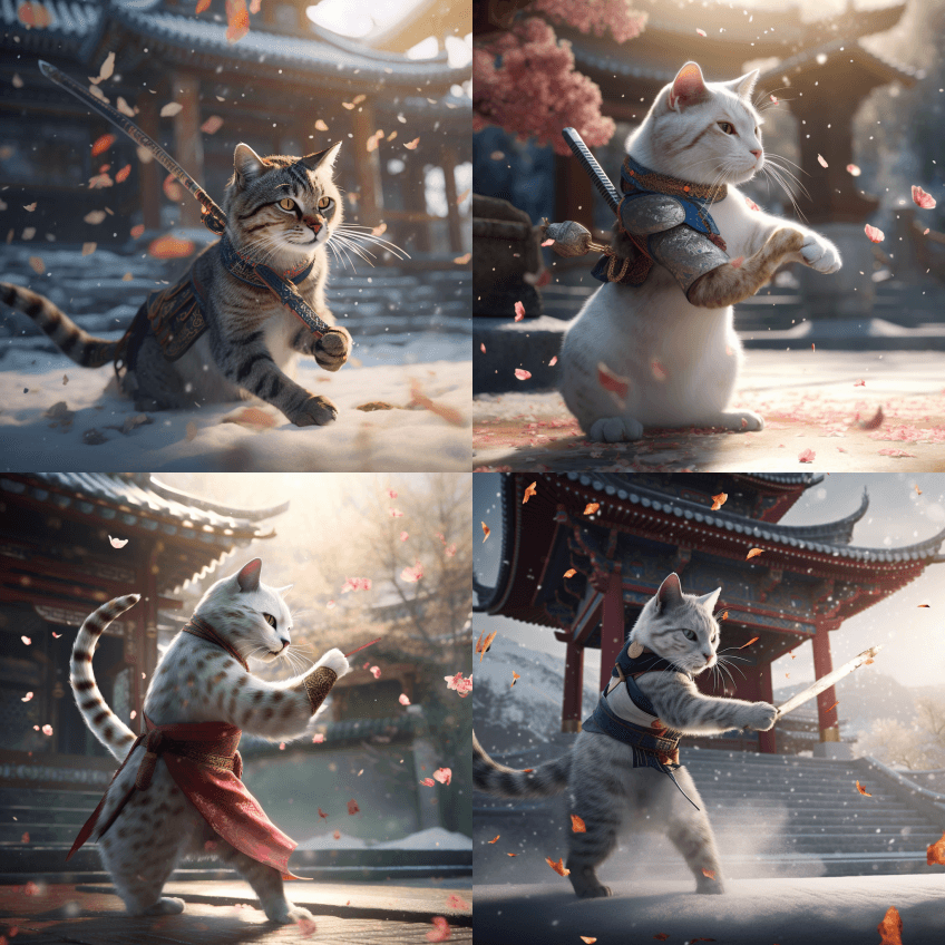 雪，花瓣在空中飞舞，一只猫在打剑，他用剑