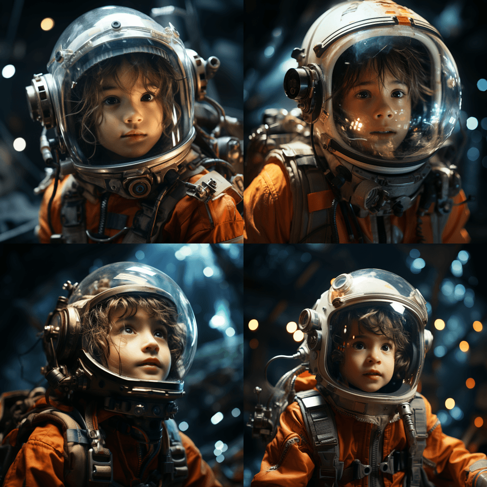 一名六岁的中国男孩戴着宇航员头盔，漂浮在