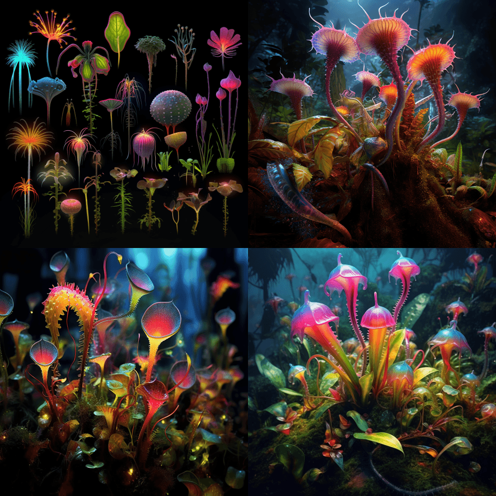 照片逼真的植物肖像，怪诞而五颜六色的食虫