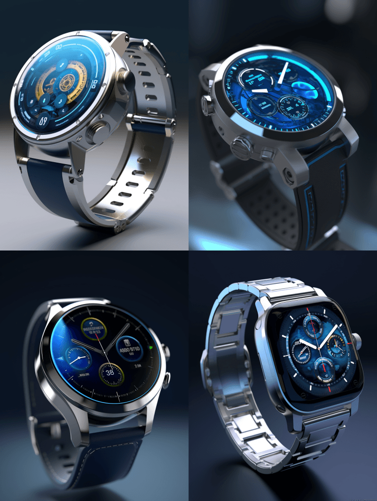 错综复杂的未来主义智能手表设计。蓝色和银