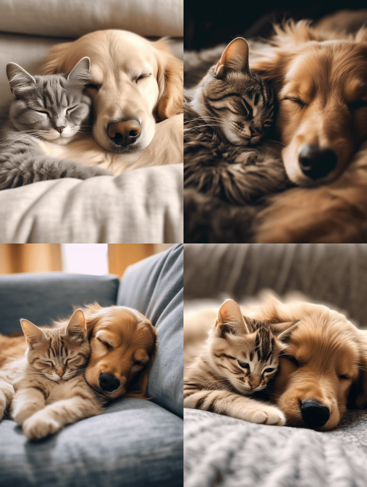 一只狗和一只猫抱在一起睡觉