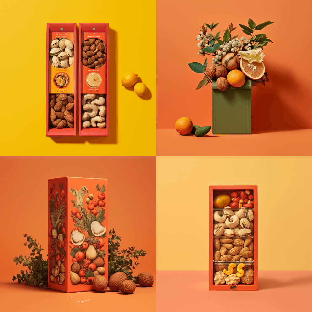 橙色盒子里的四个坚果袋产品摄影，以自然启