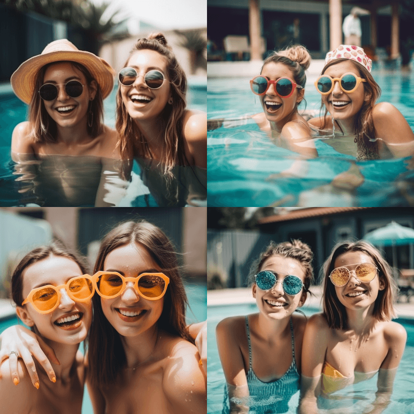 两位微笑的女性朋友在游泳池里玩暑假