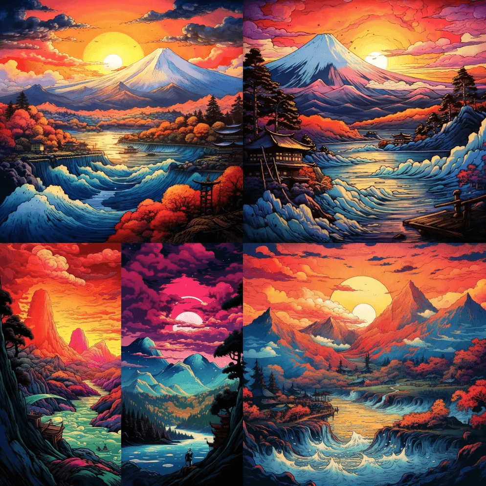 令人惊叹的山景，日落，用彩色水墨画的日落