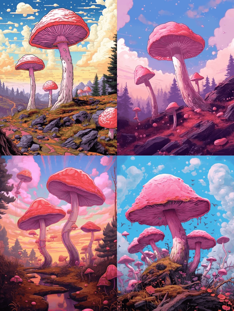 地上的一些蘑菇呈粉红色，具有海报艺术的风