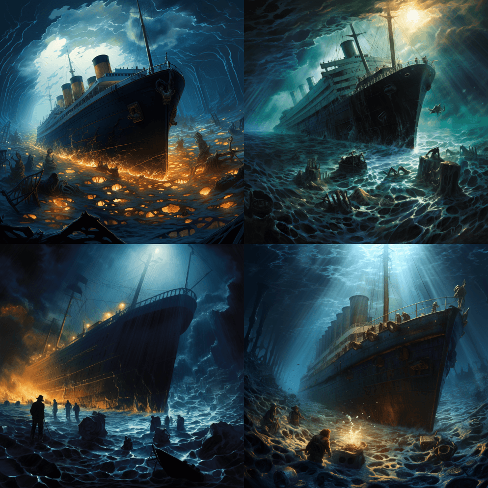 戏剧性的场景，海底被遗弃的泰坦尼克号，动