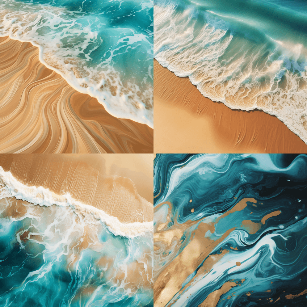 超逼真摄影，抽象的金沙上绿松石海浪的催眠