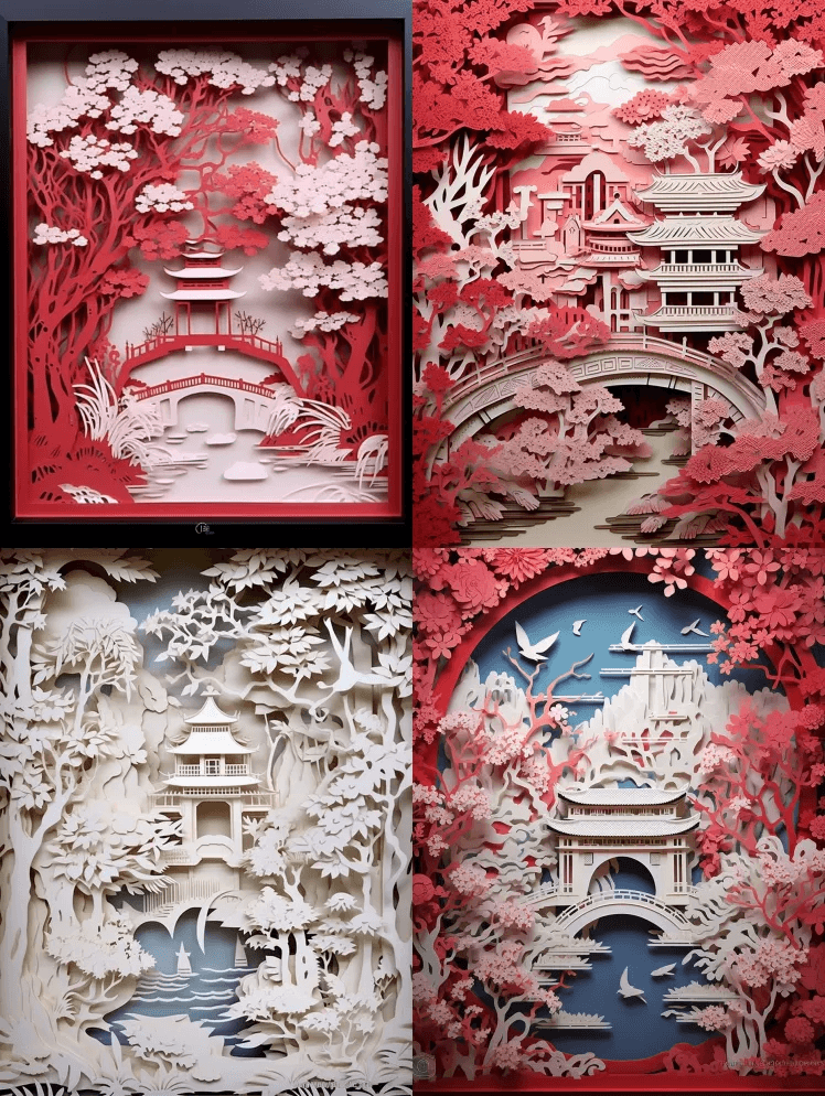 描绘中国传统园林的错综复杂的剪纸艺术品。