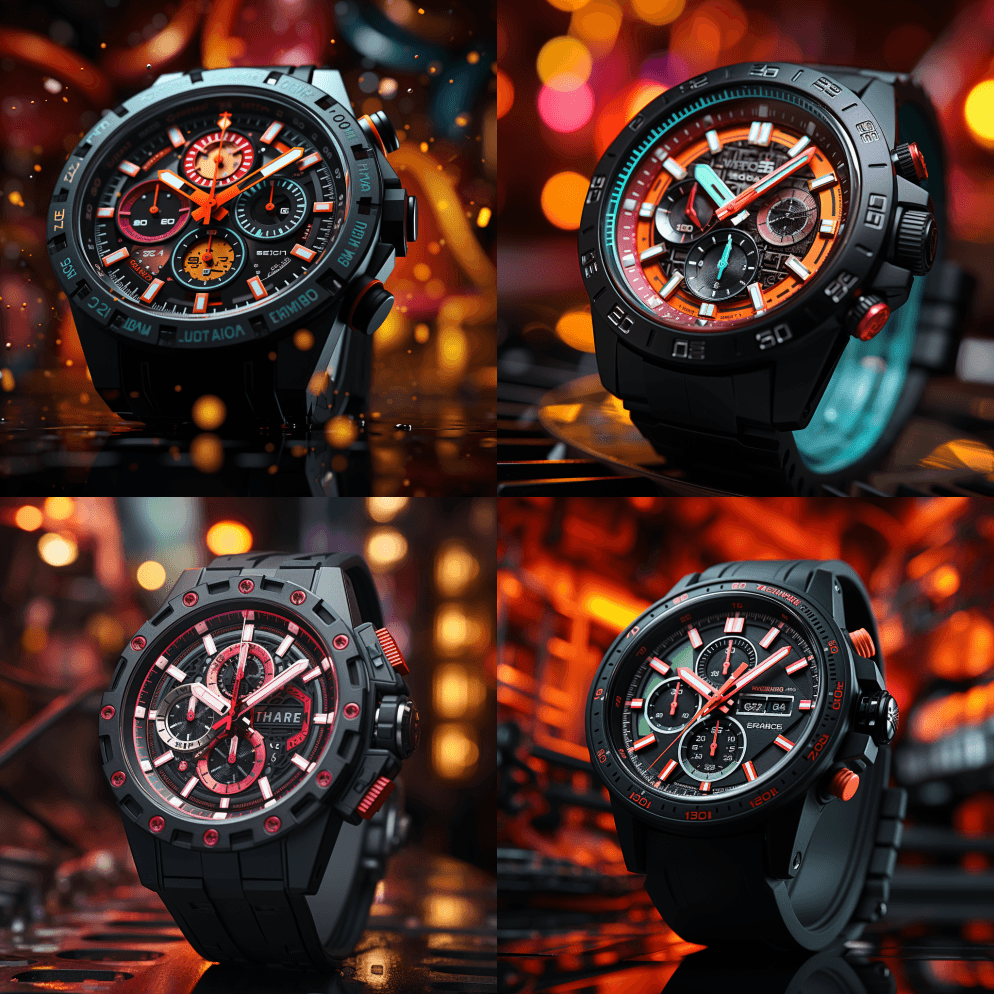 黑色和红色手表放置在F1主题背景上，颜色