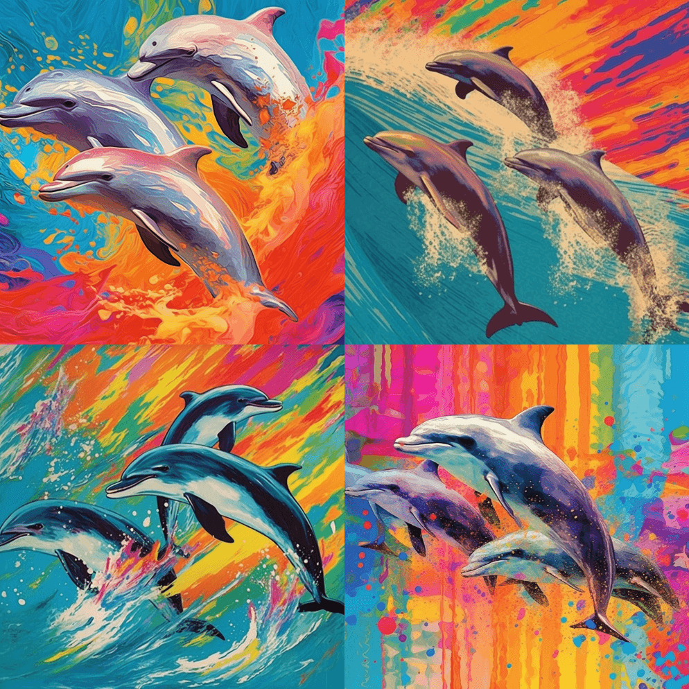海豚在彩虹中游泳，高端艺术，五颜六色，运