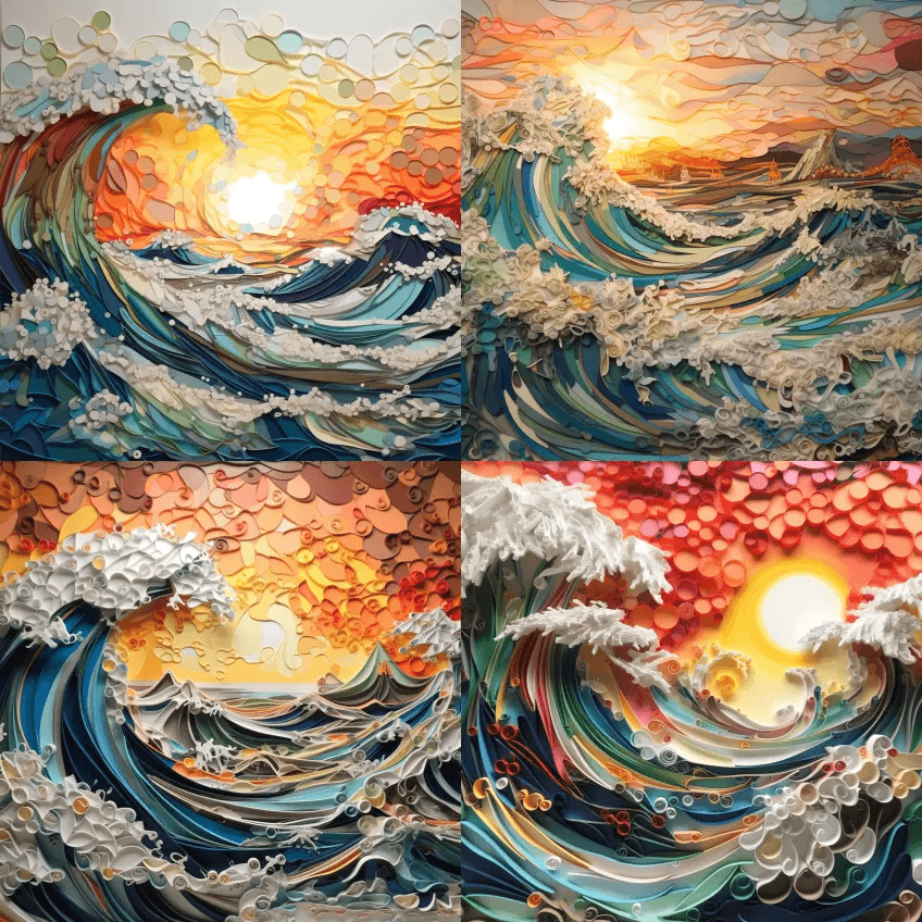 一幅纸笔画，展示了巨浪在夕阳海岸线上冲撞