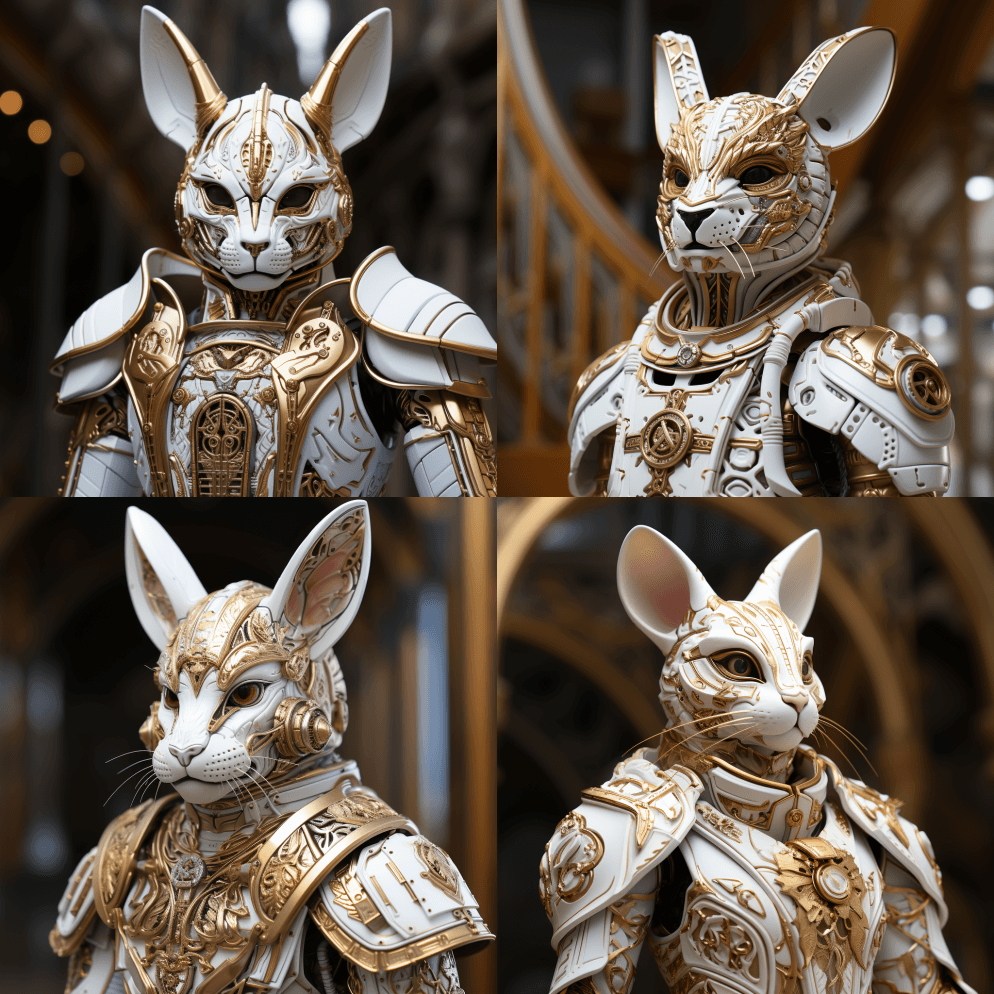 大厅里一只拟人化的武士兔子模型的3D图像