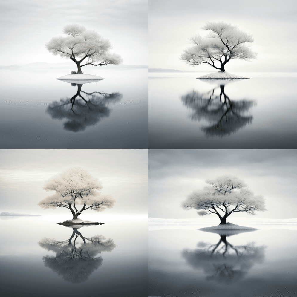冬天的一棵树，湖面上的倒影，全白