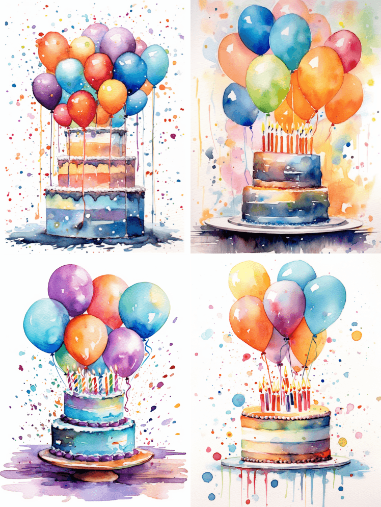 生日蛋糕水彩鲜艳的颜色，白色背景，气球和
