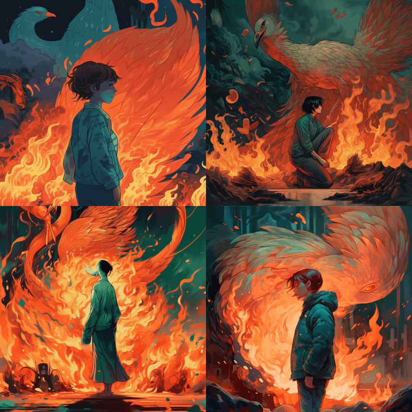 一幅人站在熊熊燃烧的火堆前的油画，风格栩