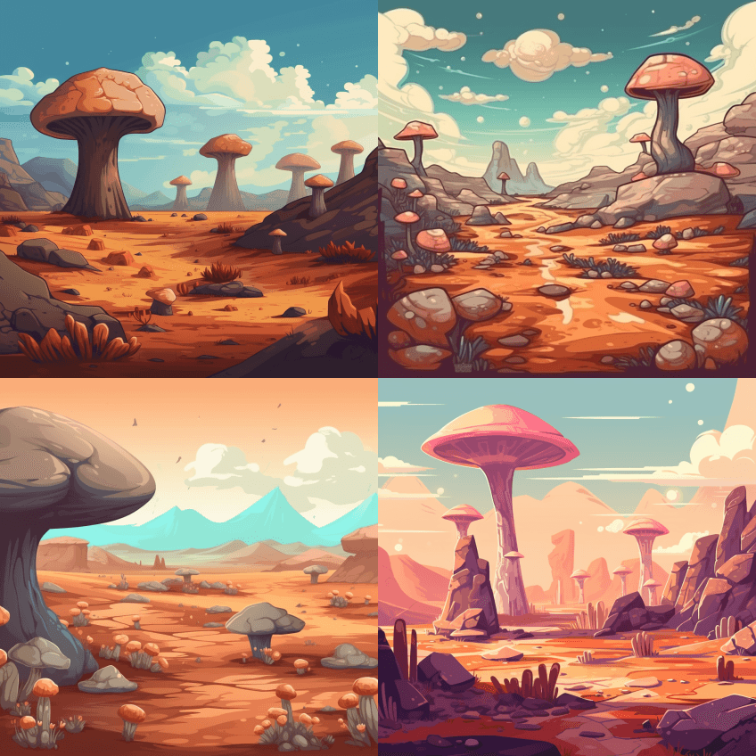 平坦的岩石沙漠景观，地下长出几个蘑菇，蘑