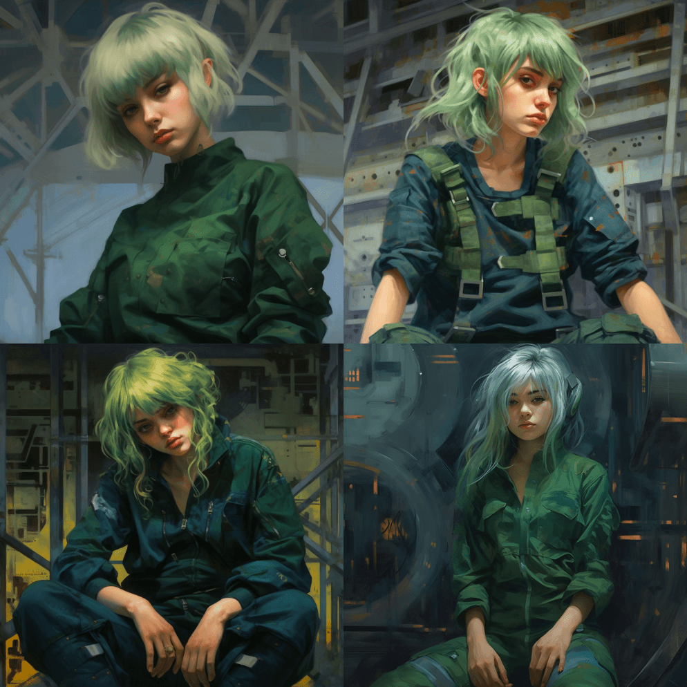 年轻的矮个女孩穿着绿头发，科技服装风格，