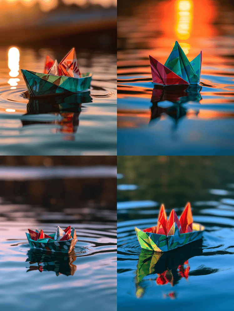 前景，特写微距，低角照片红绿相间的折纸船