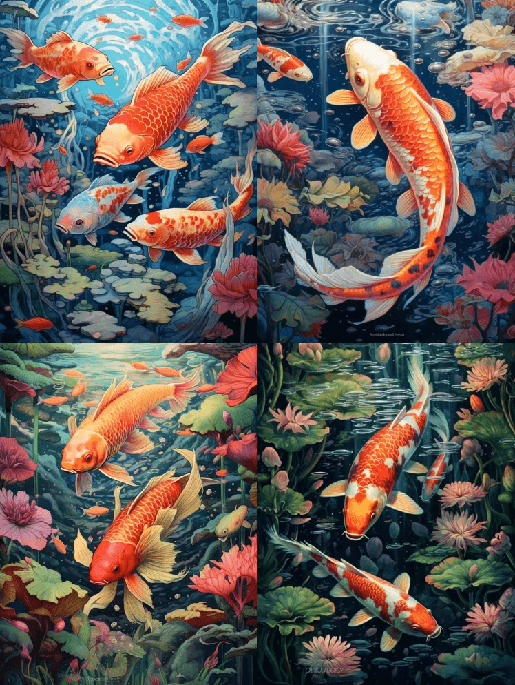 一幅关于锦鲤鱼和树梢的艺术家画，以梦幻的
