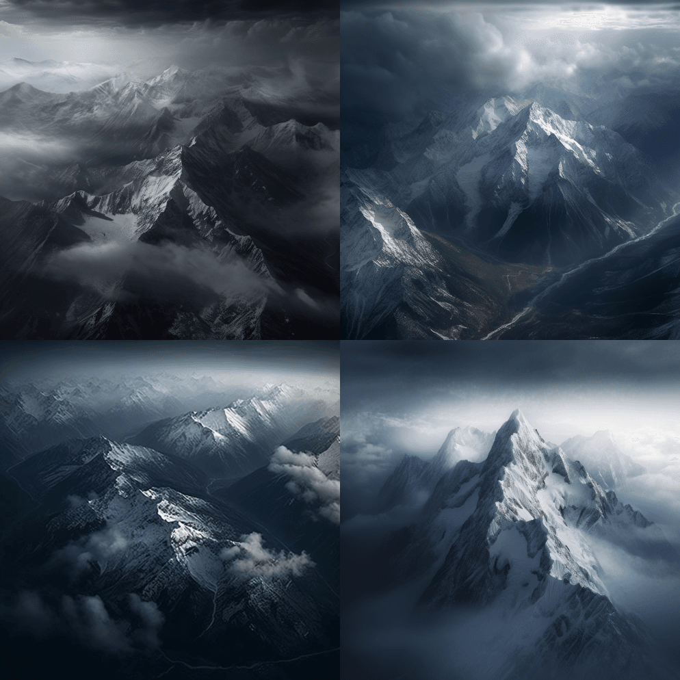 从天空俯瞰，摄影风景黑暗时代的雪山，雨，