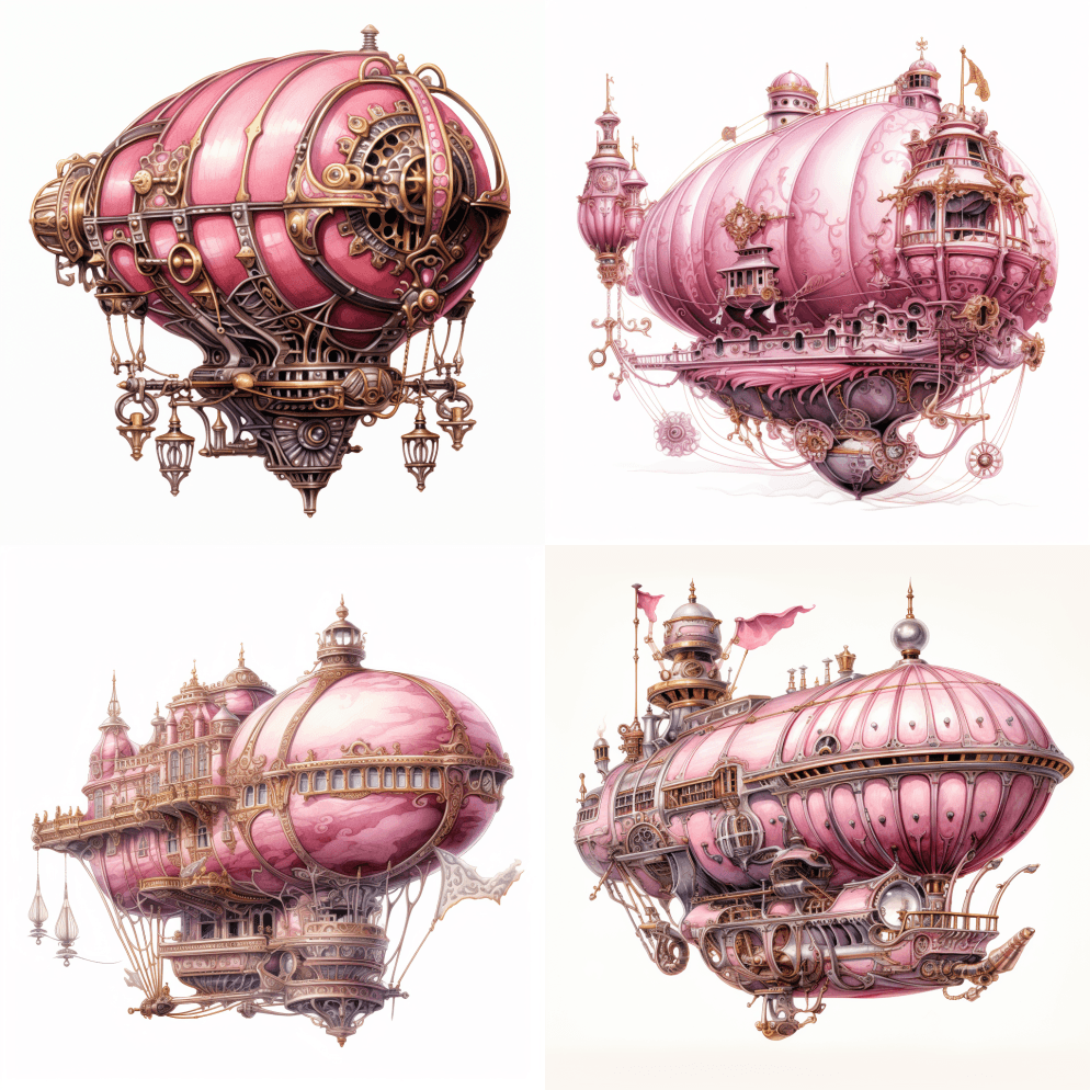 手绘蒸汽朋克飞艇，迷人的粉色哥特式色彩，