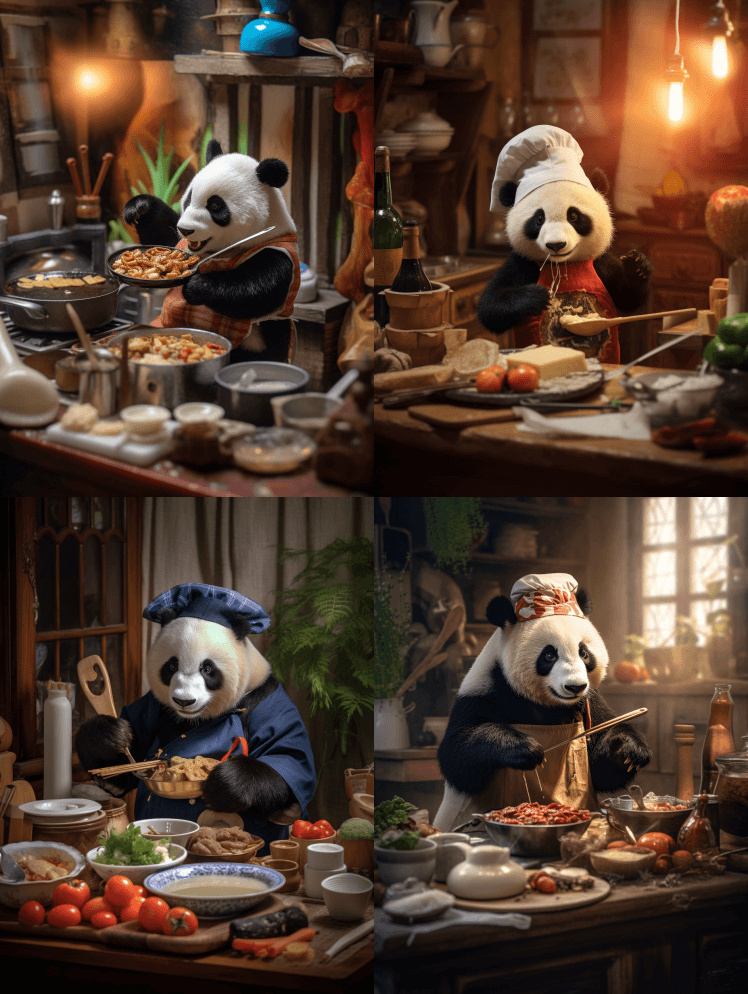 熊猫烹饪食物，戴着厨师帽，使用佳能EOS