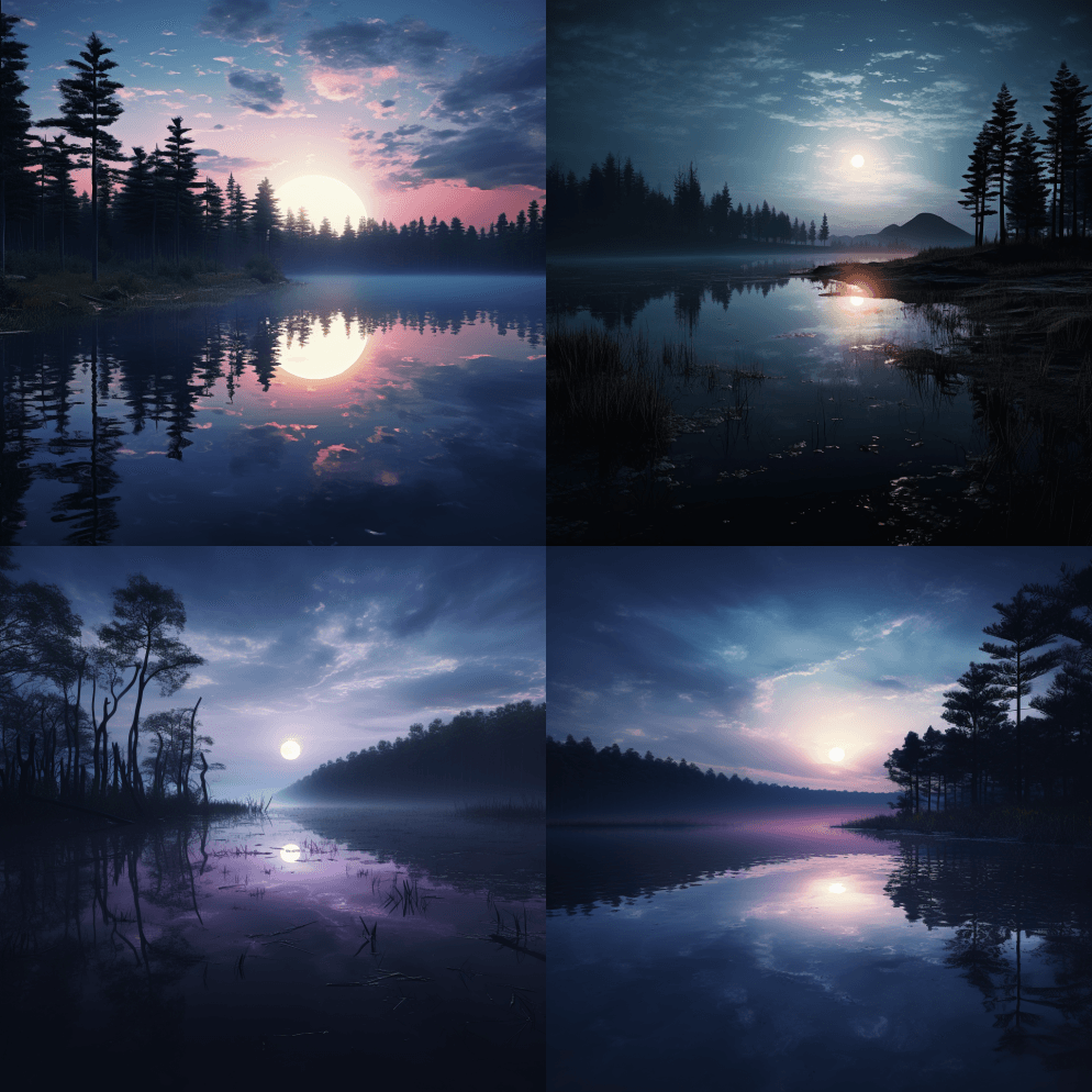 黄昏时湖面上的满月，高清，8k，逼真。